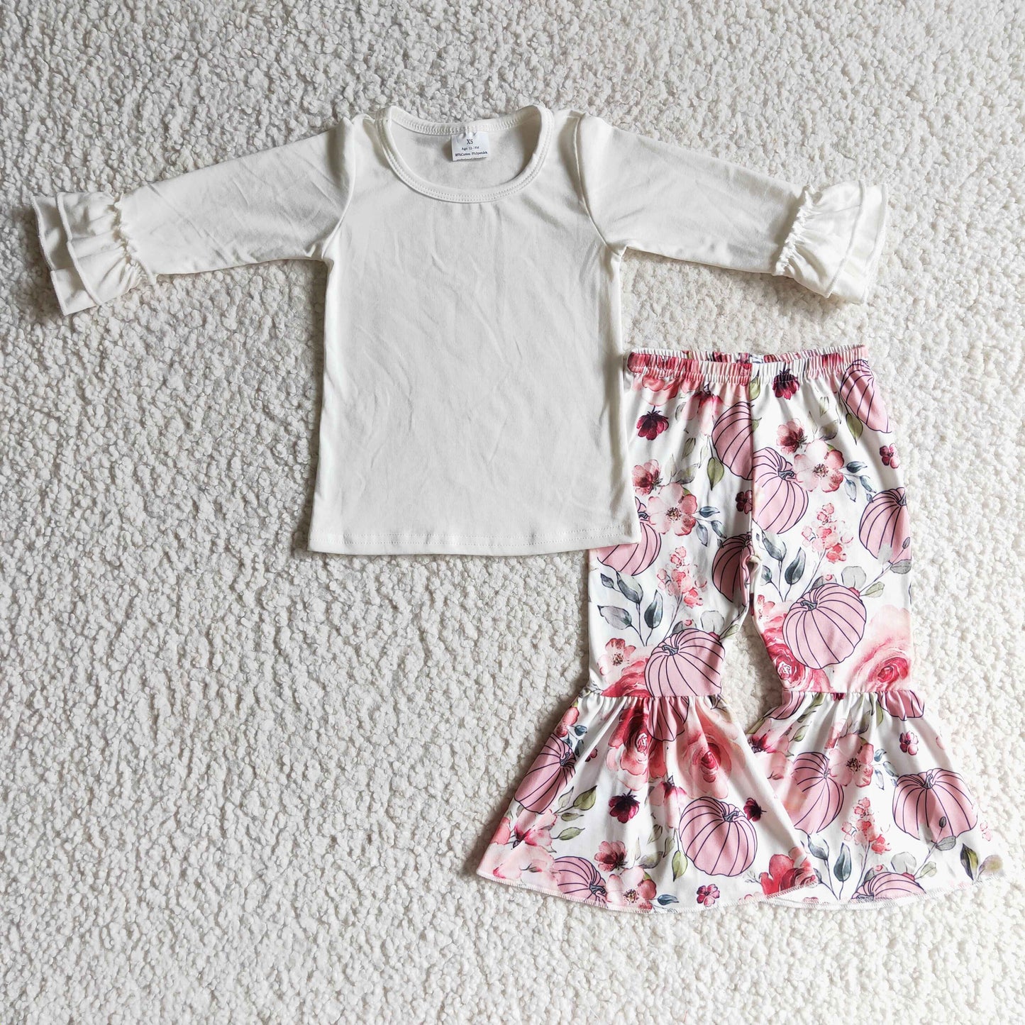 GLP0264 Halloween Pumpkin Pink Floral Flower Girls Long Sleeve Bell Bottom Pants Outfits
