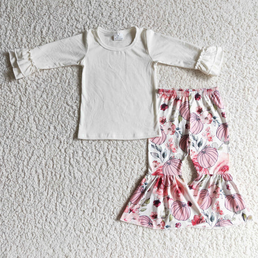 GLP0264 Halloween Pumpkin Pink Floral Flower Girls Long Sleeve Bell Bottom Pants Outfits