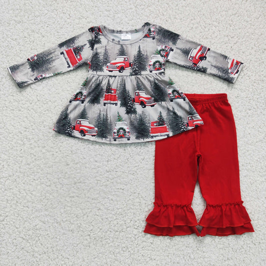 Clearance  6 A19-11 Christmas Tree Red Car Tunic Girls Long Sleeve Pants Outfits