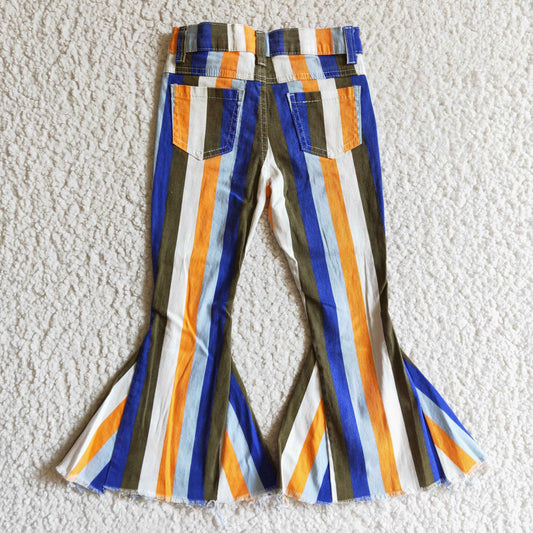 P0029 Blue White Orange Striped Girls Bell Pants Denim Jeans