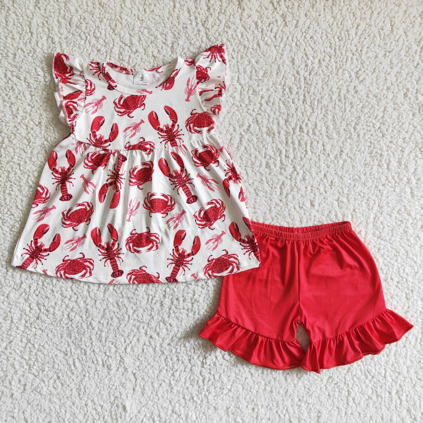 C0-27 Crayfish Crawfish Red Girls Flutter Sleeve Shorts Outfits