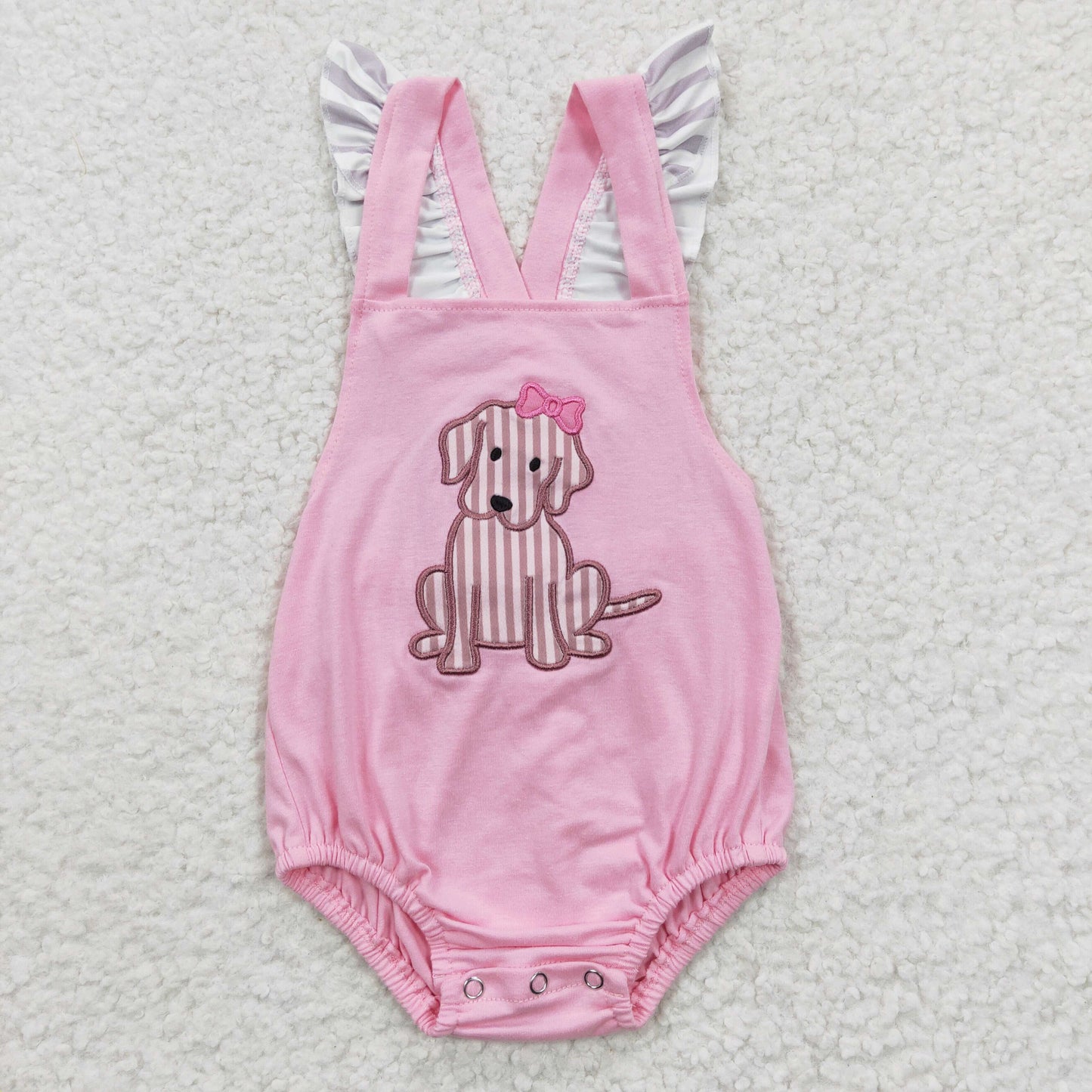 SR0303 Pink Dog Embroidery Girls Short Sleeve Romper