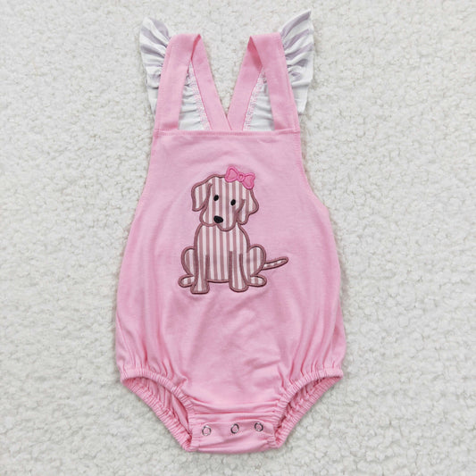 SR0303 Pink Dog Embroidery Girls Short Sleeve Romper