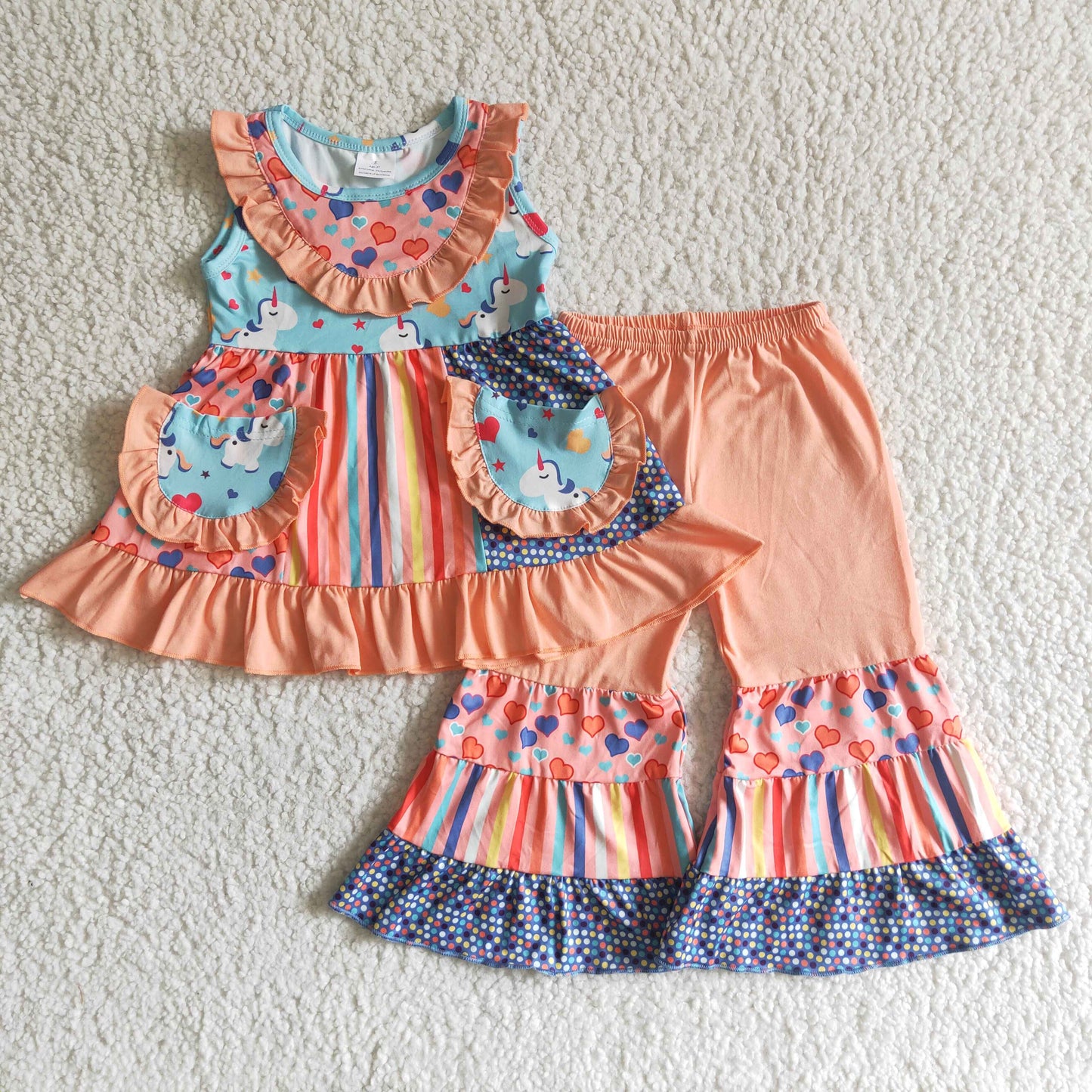 A7-23 Valentine Blue Orange Love Heart Pockets Tunic Girls Sleeveless Pants Outfits