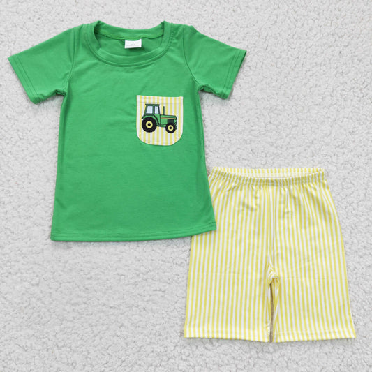 BSSO0058 Green Yellow Truck Tractors Car Pocket Boys Short Sleeve Shorts Outfits