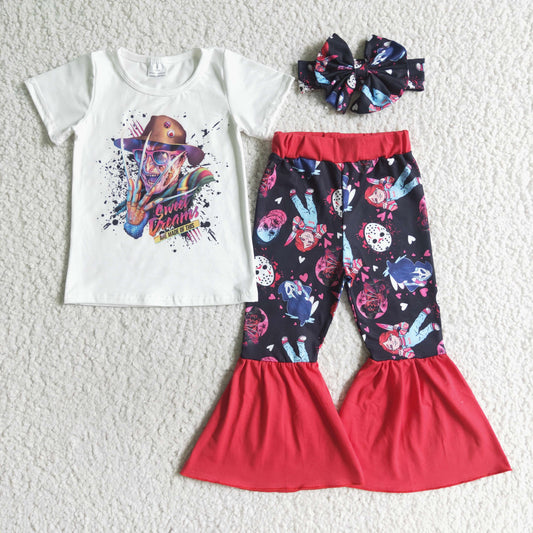 GSPO0127 Halloween Red Ghost Music Band Cartoon With Bow 3Pcs Headband Girls Short Sleeve Bell Bottom Pants Outfits