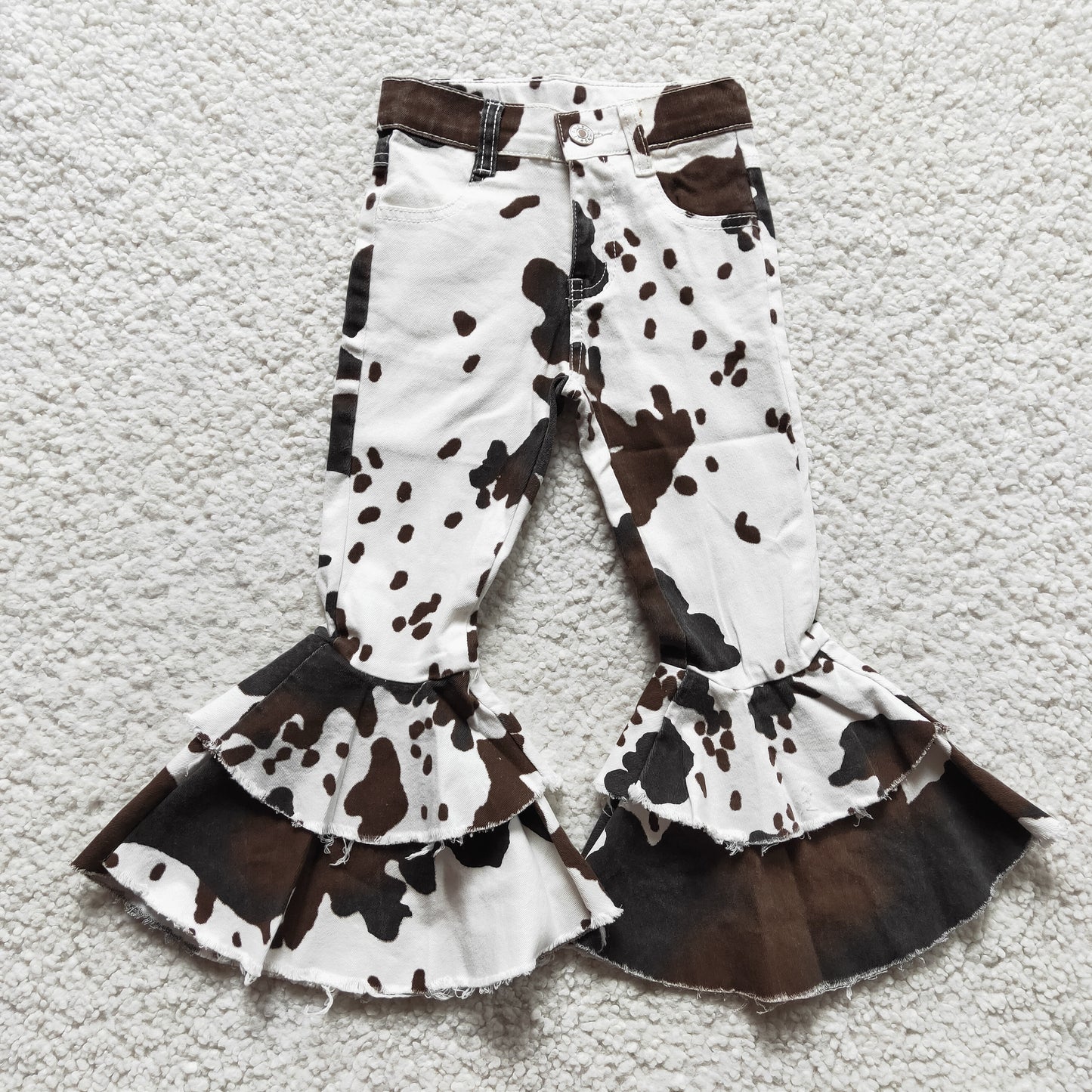 Aa-1 Brown Cow Print Girls Double Ruffles Denim Jeans