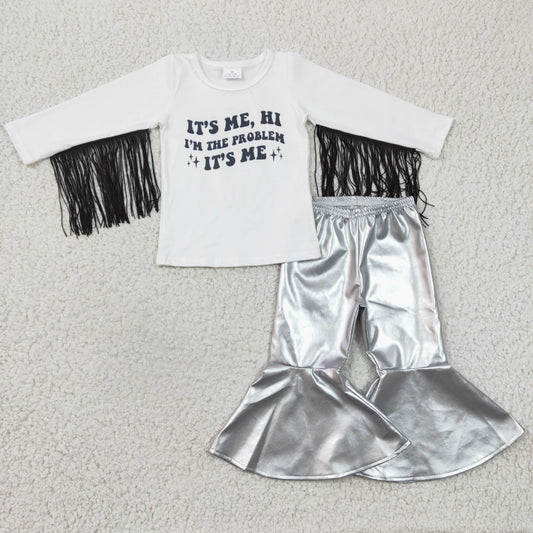 GLP0394 It's Me, Hi The Problem Letter Tassel Girls Long Sleeve Bell Bottom Pants Outfits