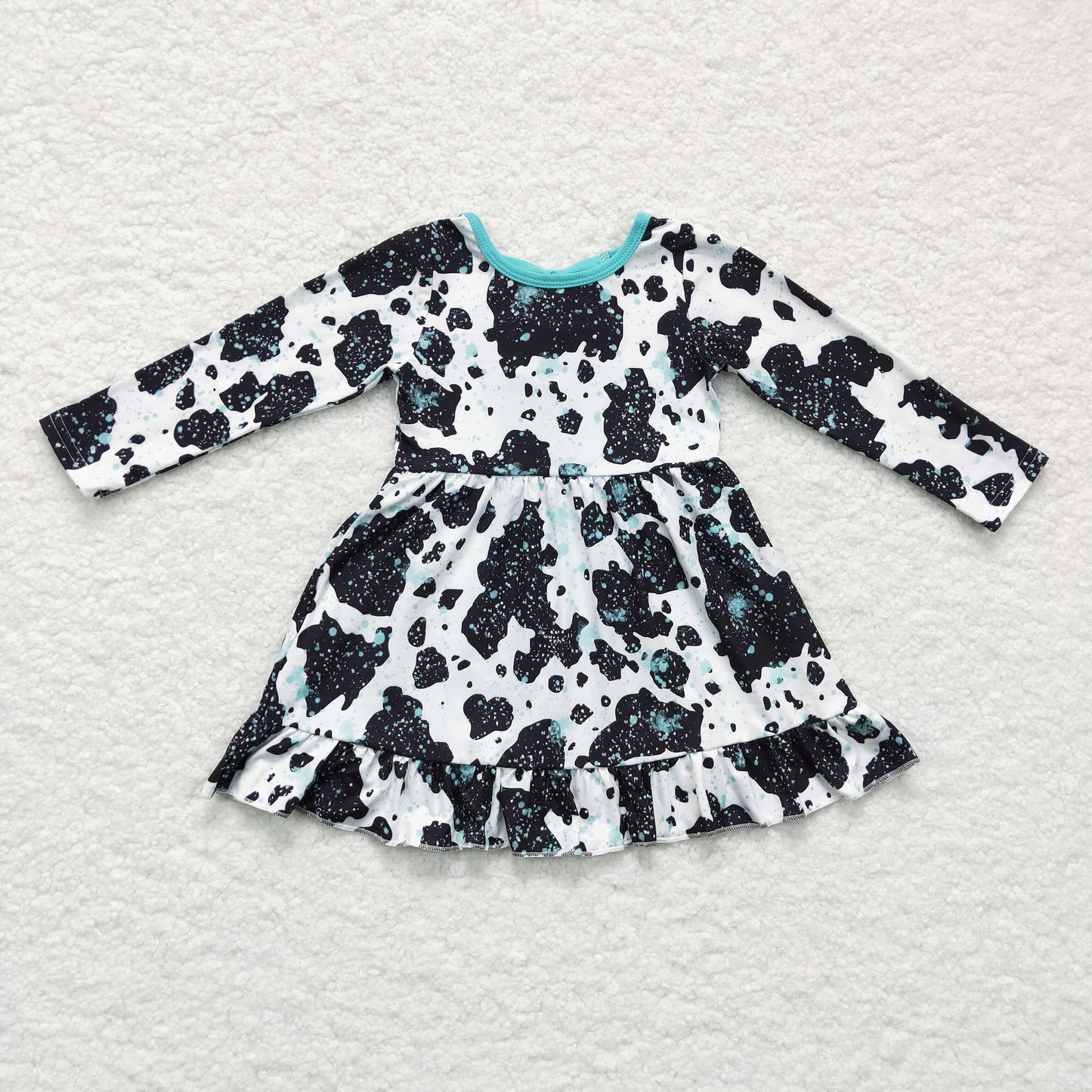 GLD0128 Black White Cow Print Blue Girls Long Sleeve Dresses