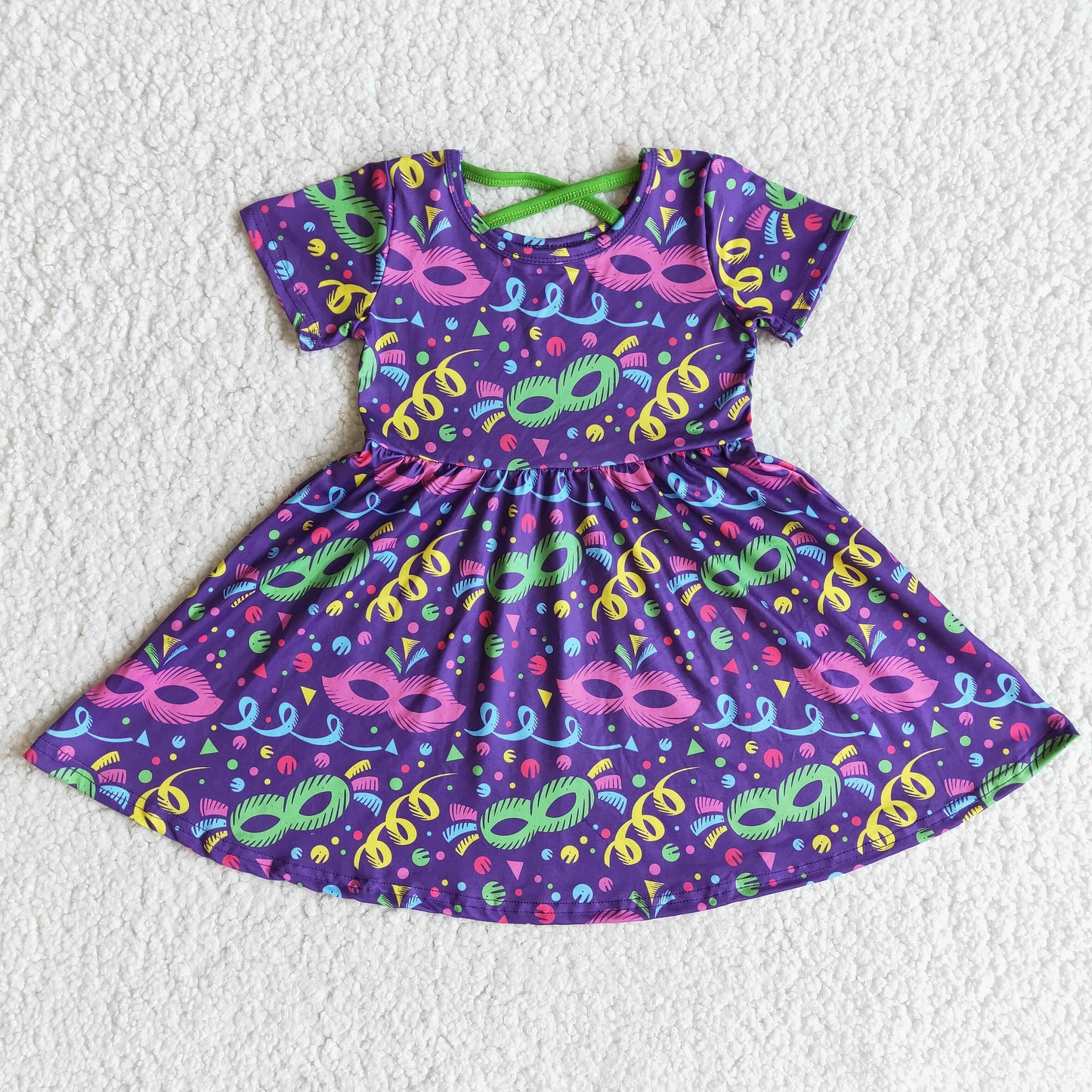 E10-3 Mardi Gras Purple Green Mask Girls Short Sleeve Dresses