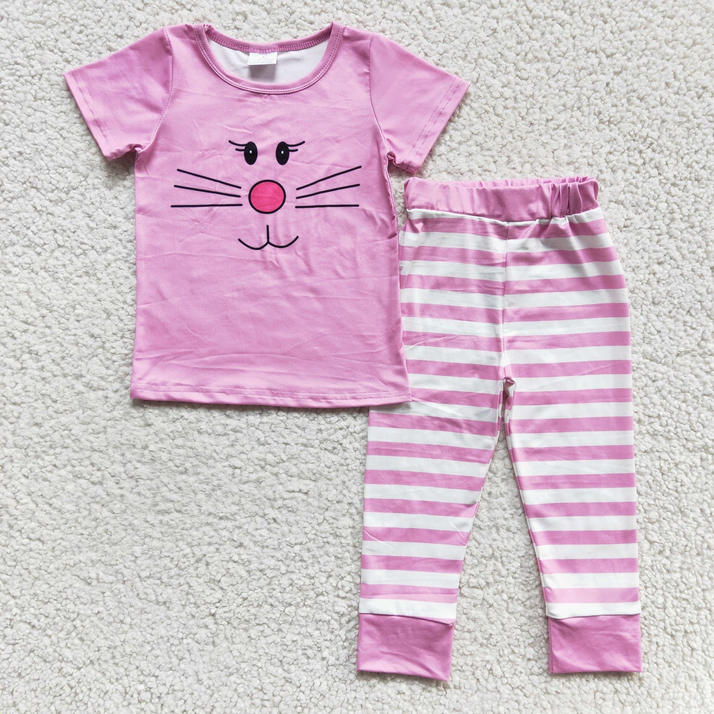 Clearance E3-27 Pink Easter Cat Striped Print Girls Short Sleeve Pants Outfits Pajamas