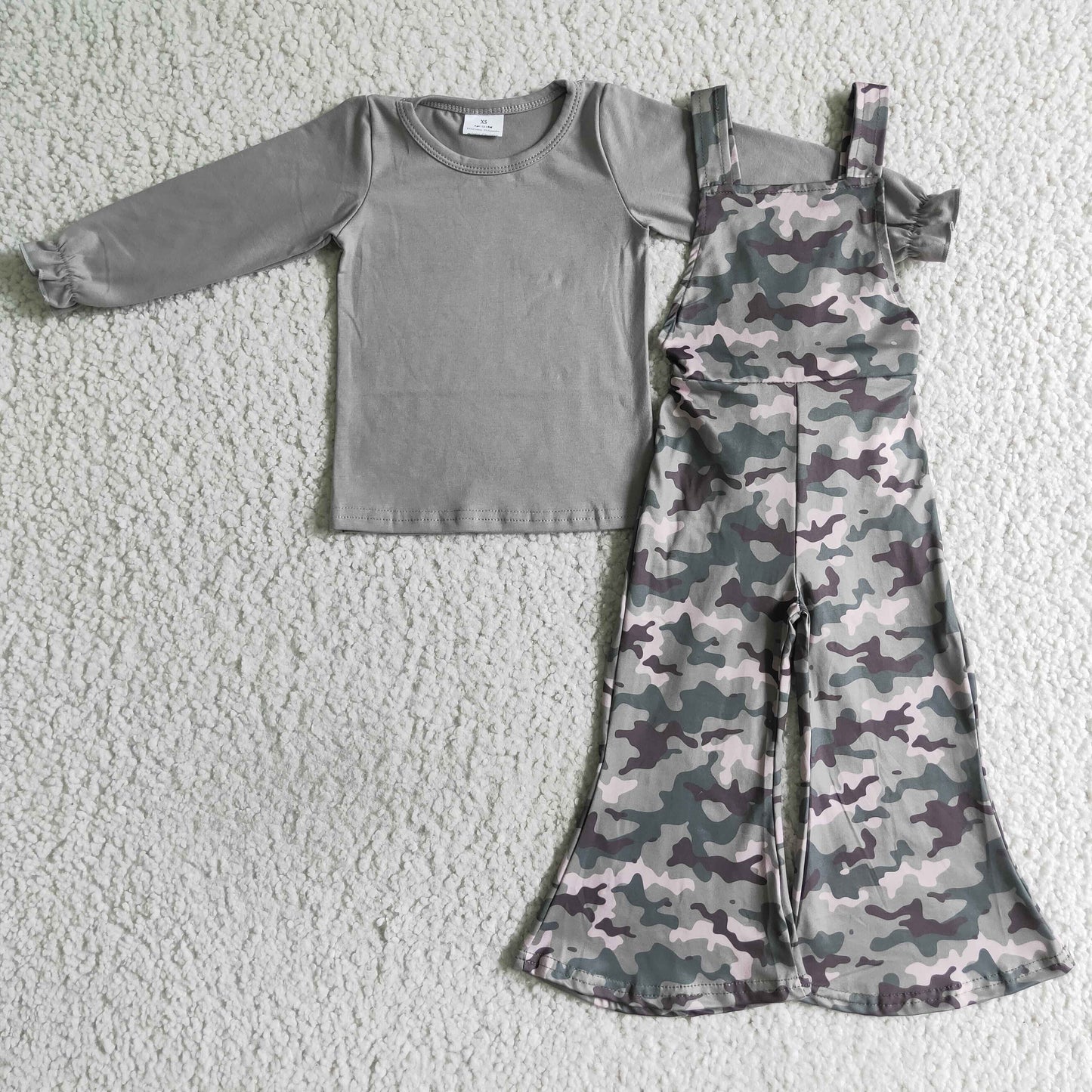 6C9-36 Grey Camo Print Overalls Girls Long Sleeve Bell Bottom Pants Outfits