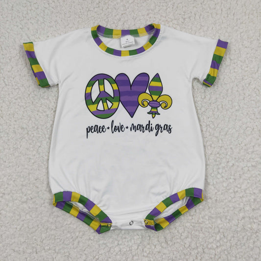 SR0123 Purple Peace Love Mardi Gras Girls Short Sleeve Romper