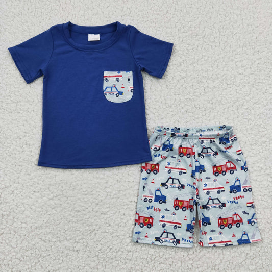 promotion RTS BSSO0121 Blue Car Fireman Pocket Boys Short Sleeve Shorts Outfits