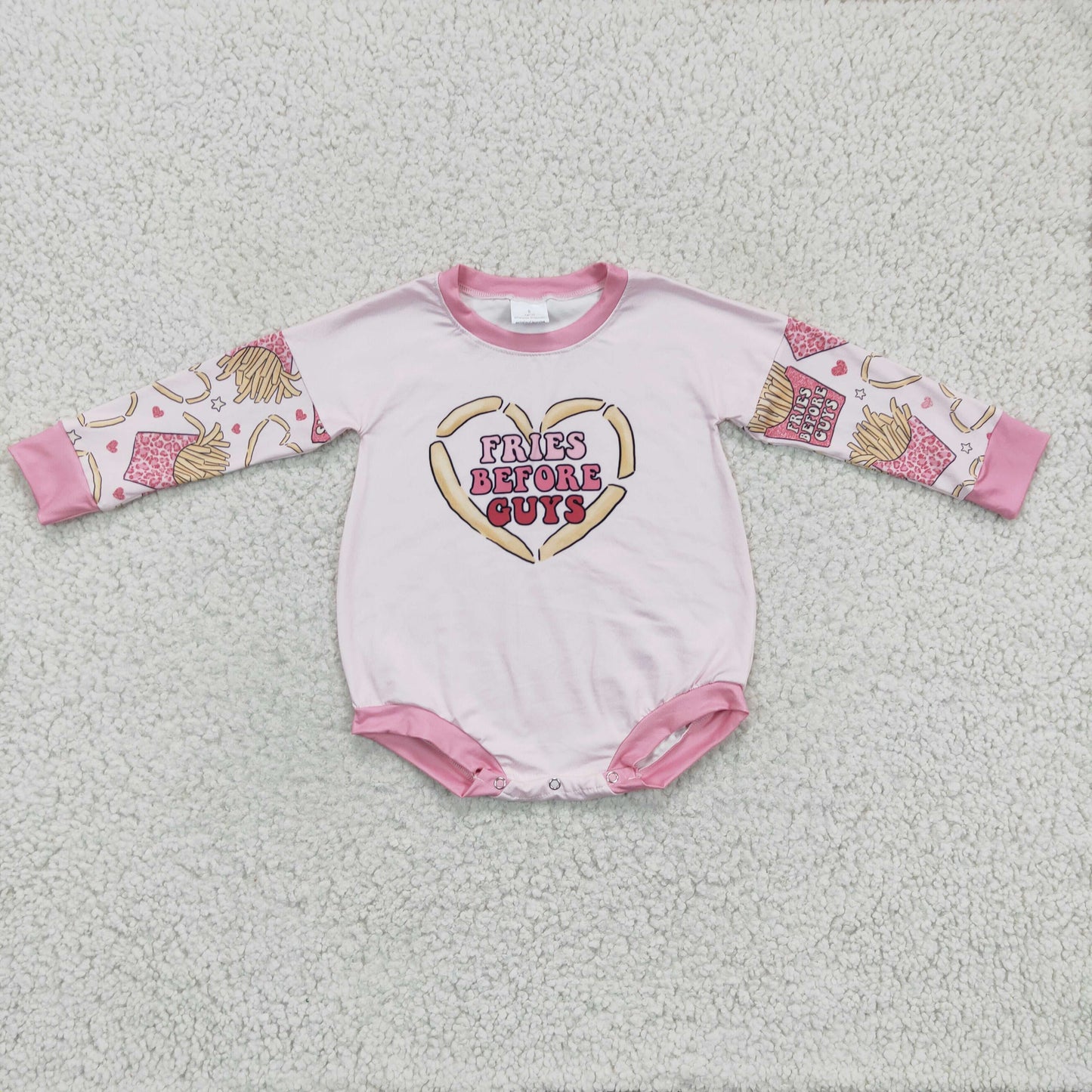 LR0231 Valentine Love Pink Bleach Fries Before Guys  Girls Long Sleeve Romper