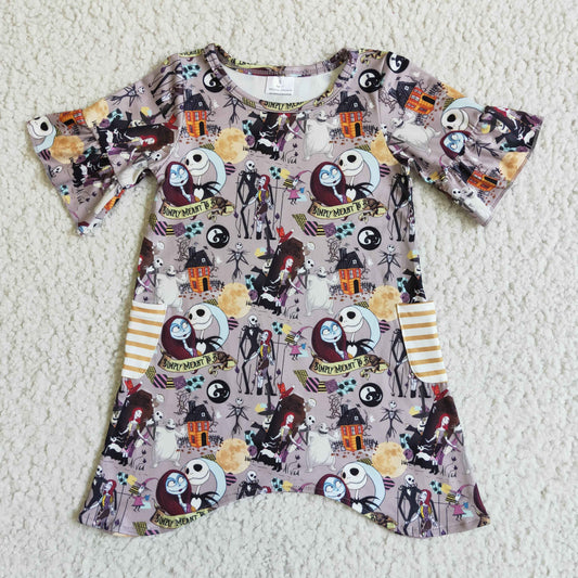 GSD0111 Halloween Purple Bride Cartoon Yellow Stripes Pockets Girls Short Sleeve Dresses