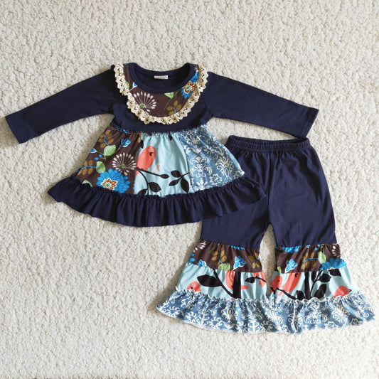 Clearance 6 A29-26 Navy Floral Winter Blue Girls Long Sleeve Bell Bottom Pants Outfits