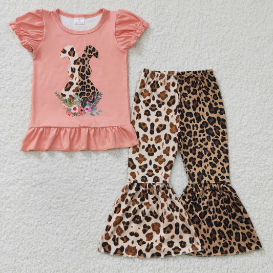 GSPO0261 Easter Pink Rabbit Leopard Girls Short Sleeve Bell Bottom Pants Outfits