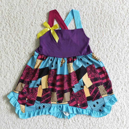 SR0083 Halloween Blue Red Cartoon Girls Short Sleeve Dresses