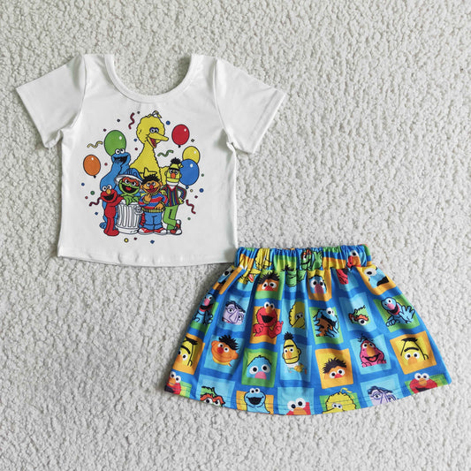 GSD0119 Blue Cartoon Girls Short Sleeve With Skirt Dresses Outfits