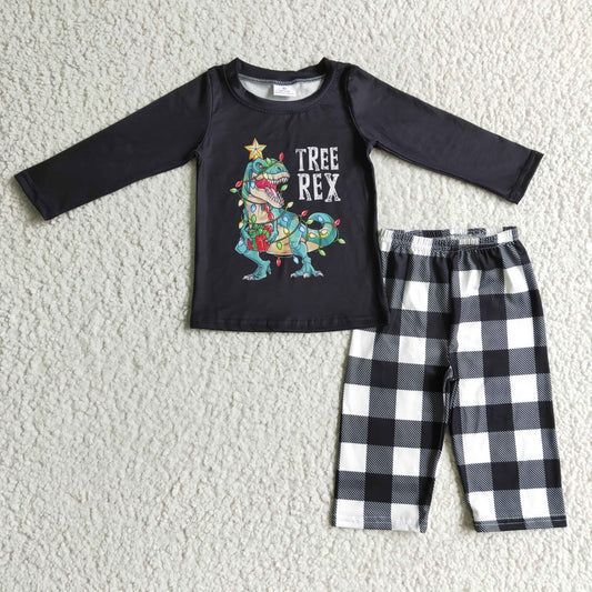 BLP0106 Christmas Green Black Plaid Dinosaur Tree Rex Print Boys Long Sleeve Pants Outfits