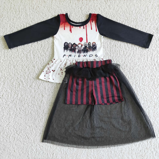 GLD0041  Halloween Red Clown Cartoon Friends Tulle Tutu Skirt Dresses Girls Long Sleeve Bummies Outfits