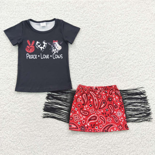 GSD0302 Red Peace Love Cows Tassel Girls Short Sleeve With Skirt Dresses Outfits