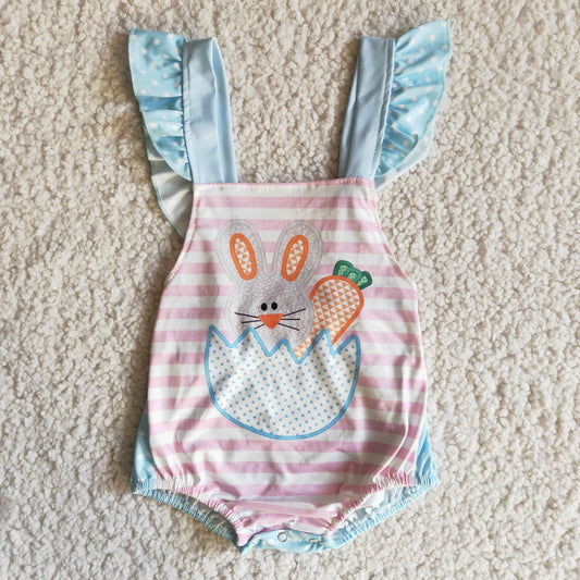 Clearance E11-3 Easter Rabbits Blue Pink Newborn Girls Sleeveless Romper