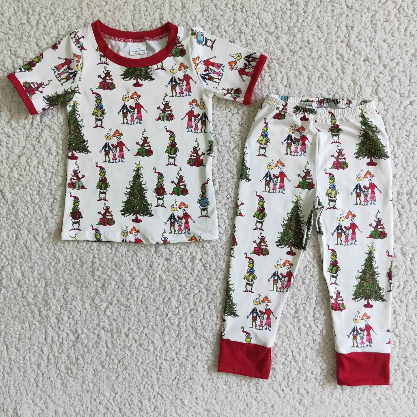 Clearance E2-2 Christmas Tree Green Red Cartoon Boys Short Sleeve Pants Outfits Pajamas