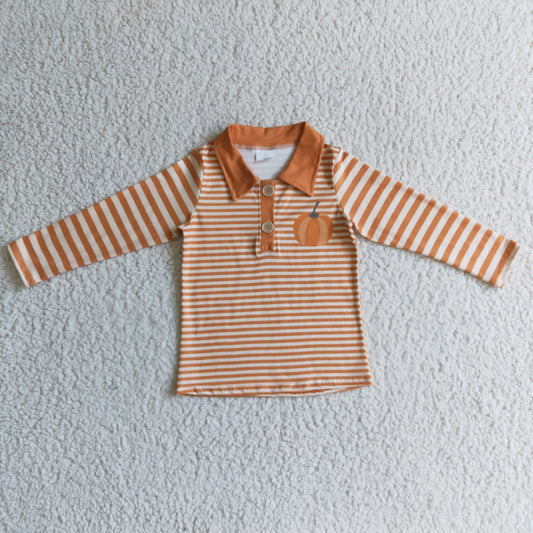 BT0039 Halloween Pumpkin Orange Stripes Boys Long Sleeve Top Collar Polo Pullover T-Shirts