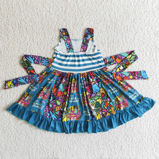 Clearance GSD0017 Blue Princess Cartoon Girls Belt Patchwork Sleeveless Dresses