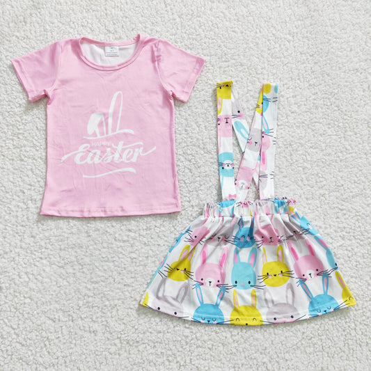 GSD0236 Easter Pink Rabbit Girls Short Sleeve With Skirt Overall Dresses Outfits