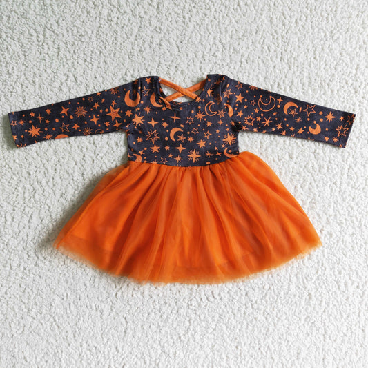 GLD0017 Halloween Orange Moon Starts Tulle Tutu Girls Long Sleeve Dresses