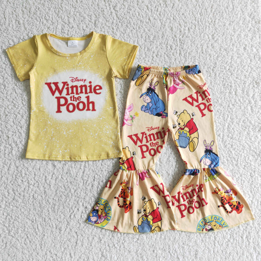 GSPO0014 Yellow Beer Cartoon Girls Short Sleeve Bell Bottom Pants Outfits