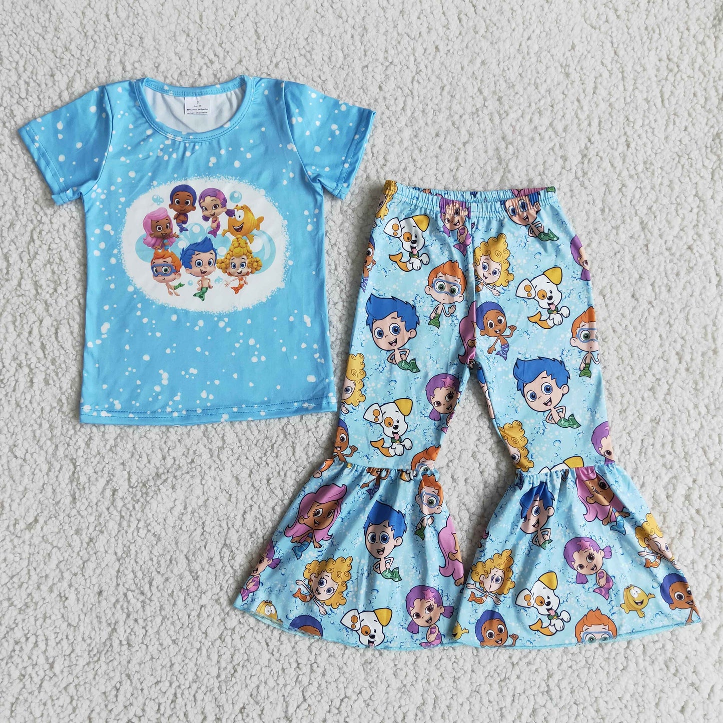 Clearance B0-26 Dog Mermaid Cartoon Blue Bleach Girls Short Sleeve Bell Bottom Pants Outfits