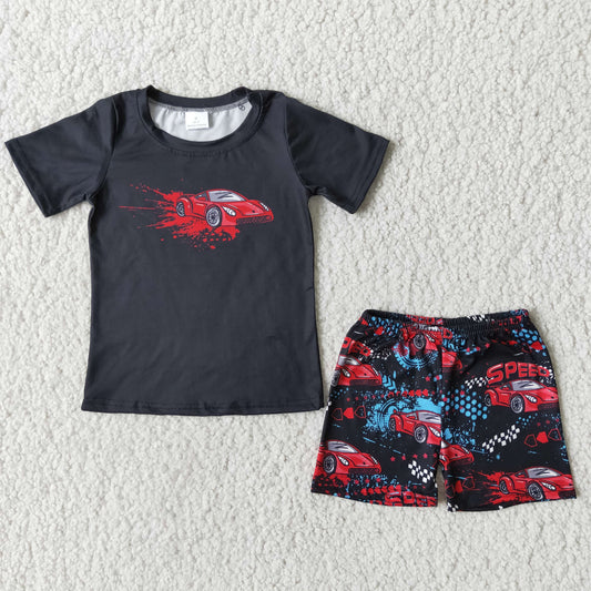 Promotion RTS B0-27 Black Short Sleeve Car Cartoon Boys Outfits