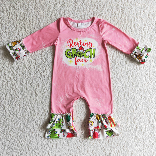 LR0154  Christmas Santa Pink Green Cartoon Girls Long Sleeve Romper