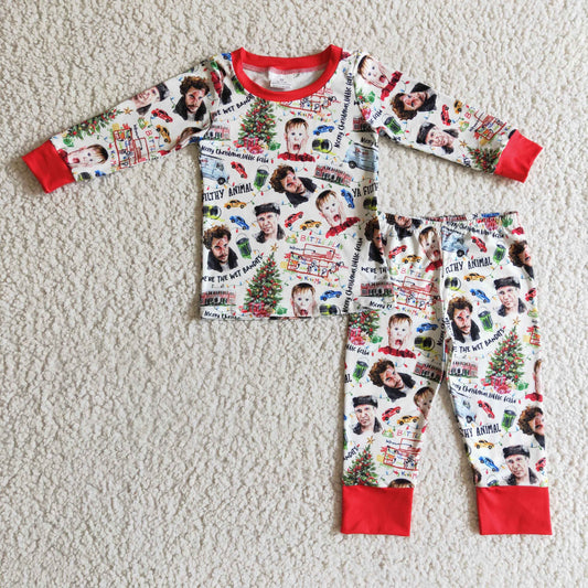 BLP0113 Christmas Red Tree Cartoon Boys Long Sleeve Pants Outfits Pajamas