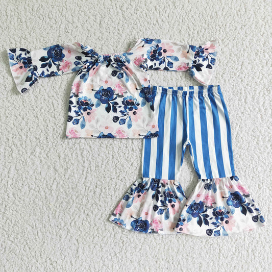 Clearance GLP0004 Blue Stripes Floral Girls Long Sleeve Bell Bottom Pants Outfits