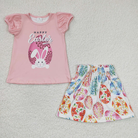 GSSO0167 Easter Pink Rabbit Egg Girls Short Sleeve With Skirt Dresses Outfits