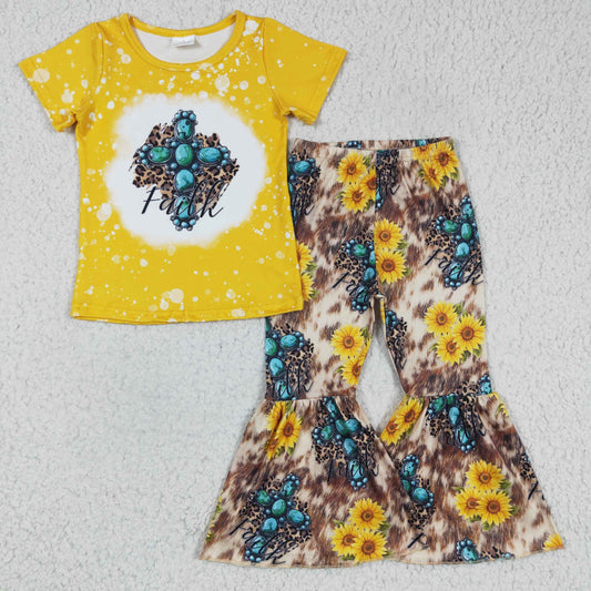 GSPO0269 Easter Yellow Sunflower Leopard Cross Girls Short Sleeve Bell Bottom Pants Outfits