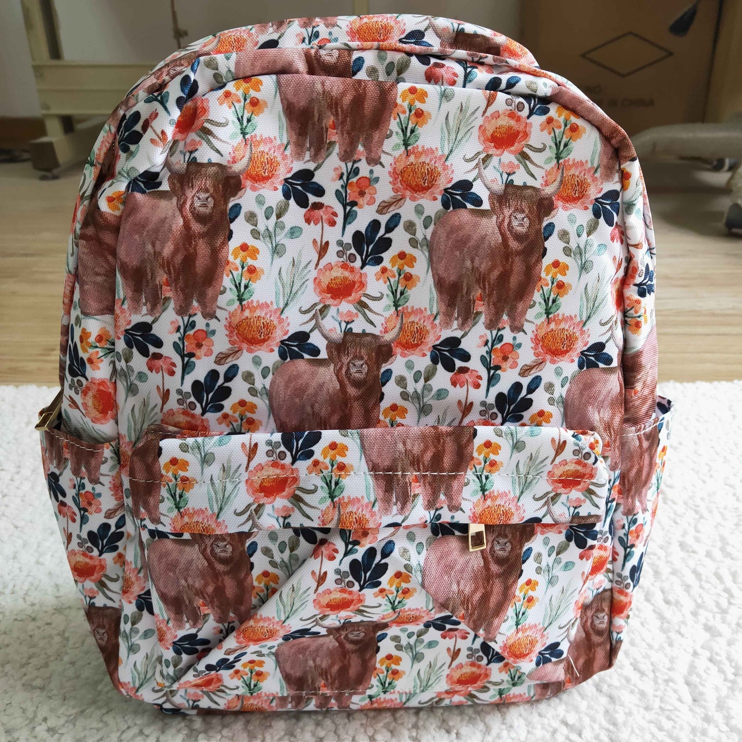 BA0027 Orange Highland Cow Print Little Bag Bagpack