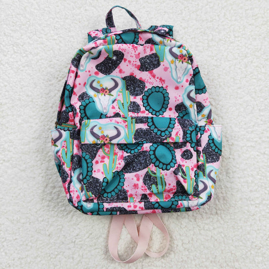 BA0044 Blue Pink Highland Cow Western Boots Print Little Bag Bagpack