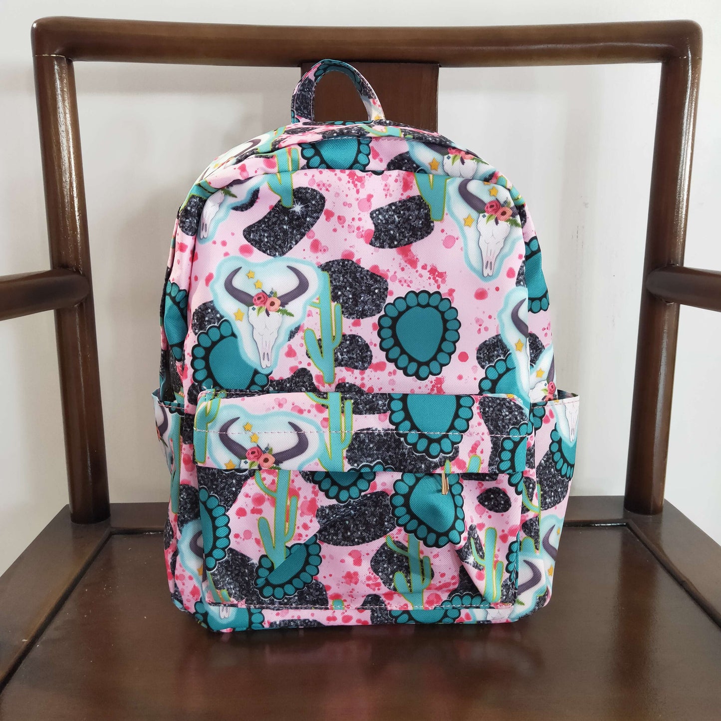 BA0044 Blue Pink Highland Cow Western Boots Print Little Bag Bagpack