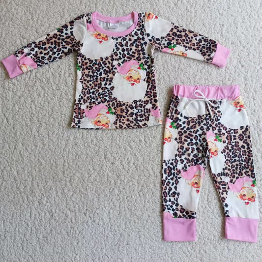 6 A4-26 Christmas Santa Pink Leopard Print Girls Long Sleeve Pants Outfits Pajamas