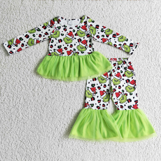 GLP0301 Christmas Leopard Santa Red Green Cartoon Tutu Tulle Girls Long Sleeve Bell Bottom Pants Outfits