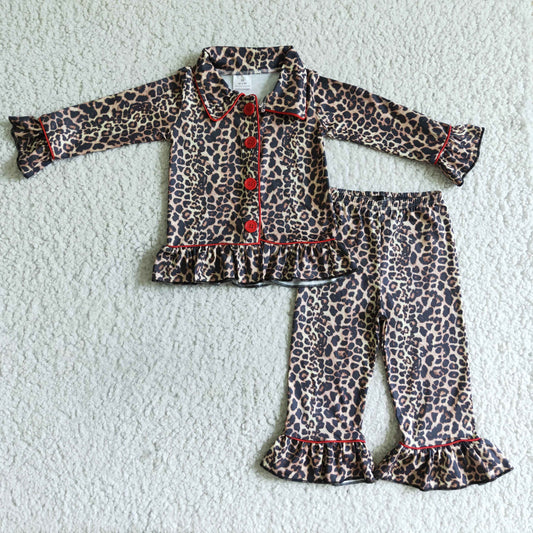 6 B4-23  Leopard Print Collar Girls Long Sleeve Pajamas