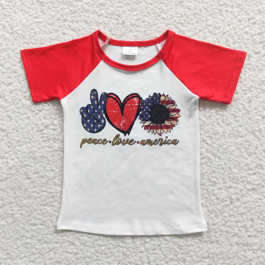 GT0108 4th Of July Peace Love Red Girls Short Sleeve Top T-shirts