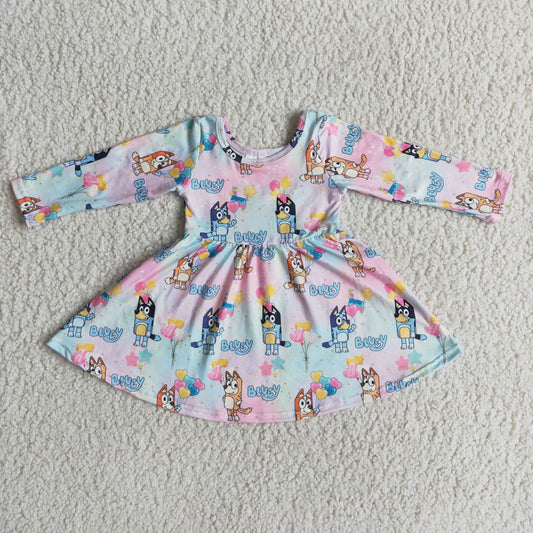 6 A7-17 Love Pink Blue Dogs Cartoon Girls Long Sleeve Dresses