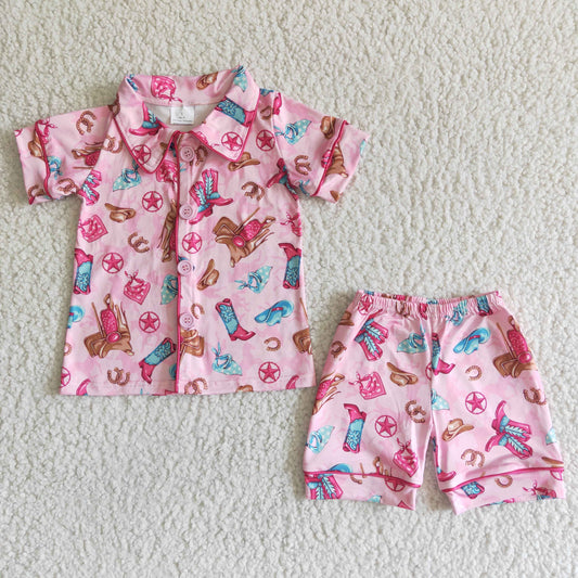 GSSO0021 Pink Boots Cowboy Western Collar Girls Short Sleeve Pajamas